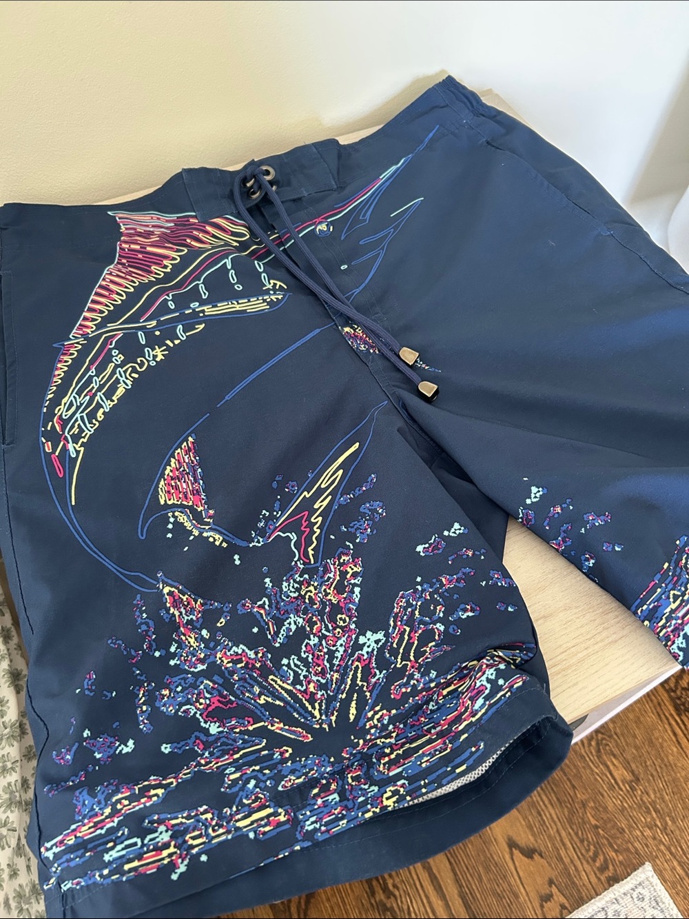 Men's Navy Swim Trunks with Neon Marlin Print